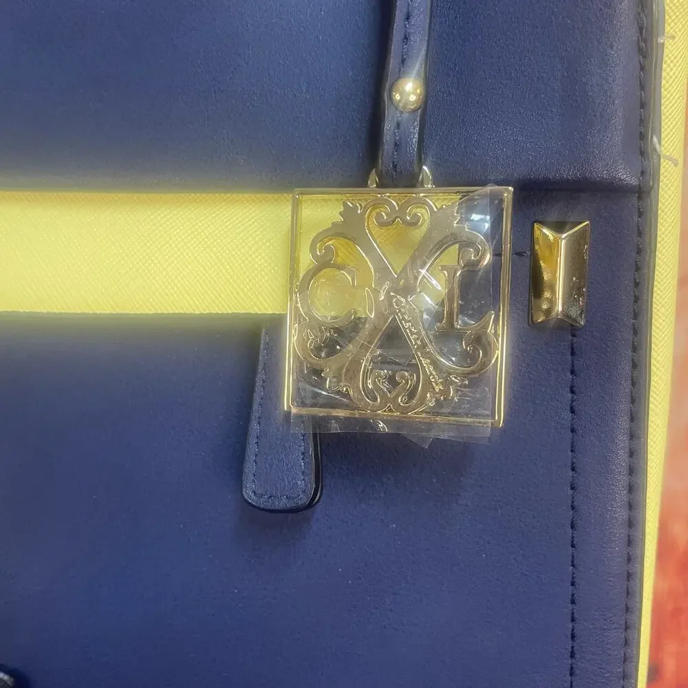 NWOT Christian Lacroix Jada Structured Satchel Crossbody Navy/Yellow Faux Leathe